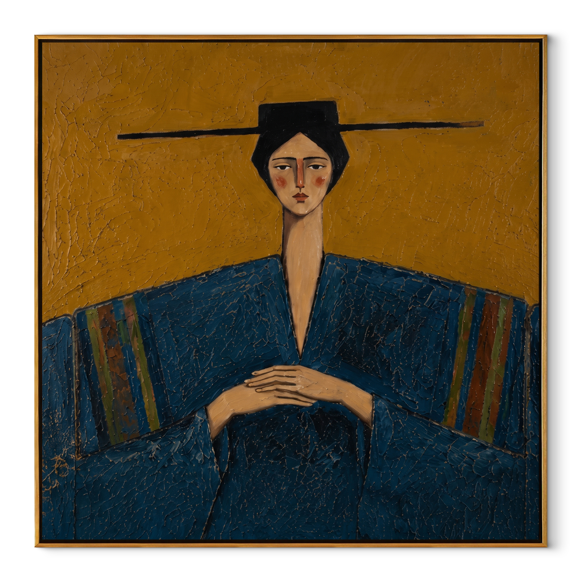 Blue Sleeves Rest Mustard - blue robe seated woman by Marcus Lau, Retro Modern square wall art – wood frame on white background