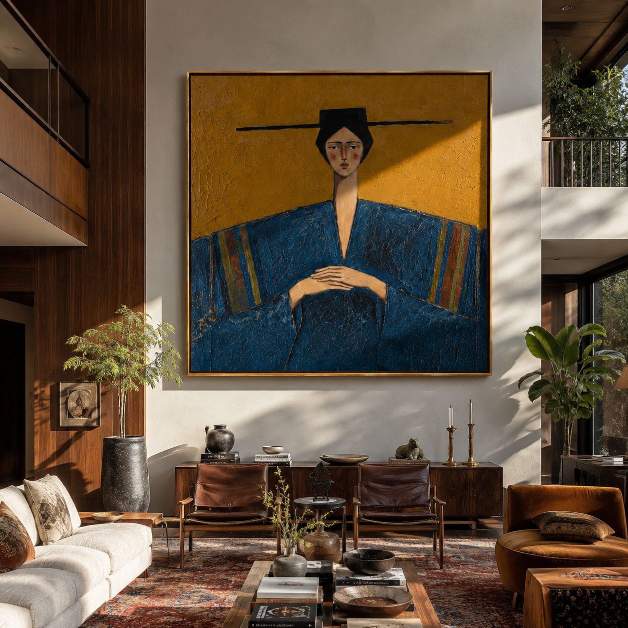 Blue Sleeves Rest Mustard - blue robe seated woman by Marcus Lau, Retro Modern square wall art – styled room scene view 2