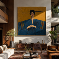 Blue Sleeves Rest Mustard - blue robe seated woman by Marcus Lau, Retro Modern square wall art – styled room scene view 2