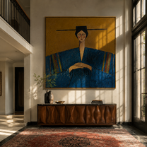 Blue Sleeves Rest Mustard - blue robe seated woman by Marcus Lau, Retro Modern square wall art – styled room scene view 3