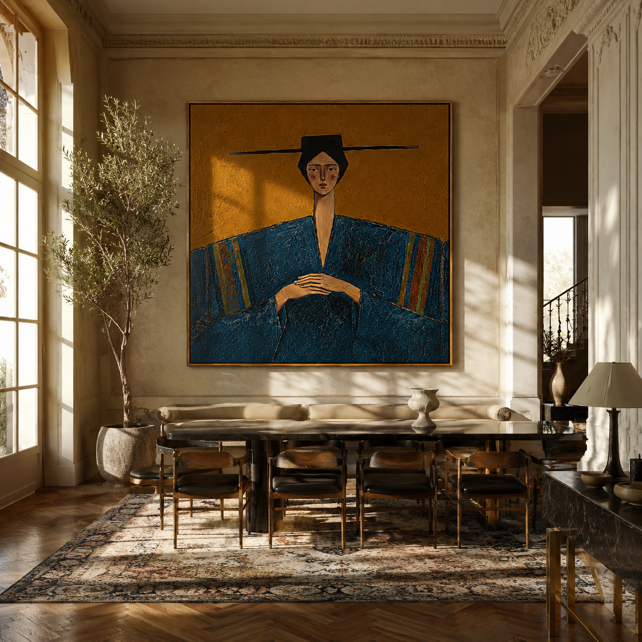 Blue Sleeves Rest Mustard - blue robe seated woman by Marcus Lau, Retro Modern square wall art – styled room scene view 4