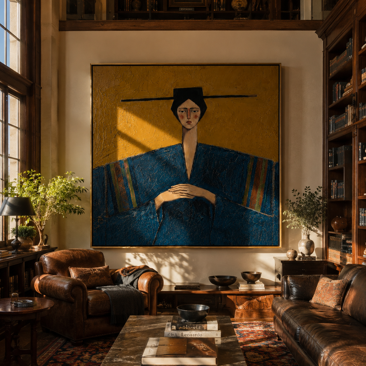 Blue Sleeves Rest Mustard - blue robe seated woman by Marcus Lau, Retro Modern square wall art – styled room scene view 5