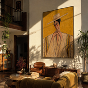 Straw Brim Folds Prayer - straw hat woman by Marcus Lau, Retro Modern vertical wall art – styled room scene view 1