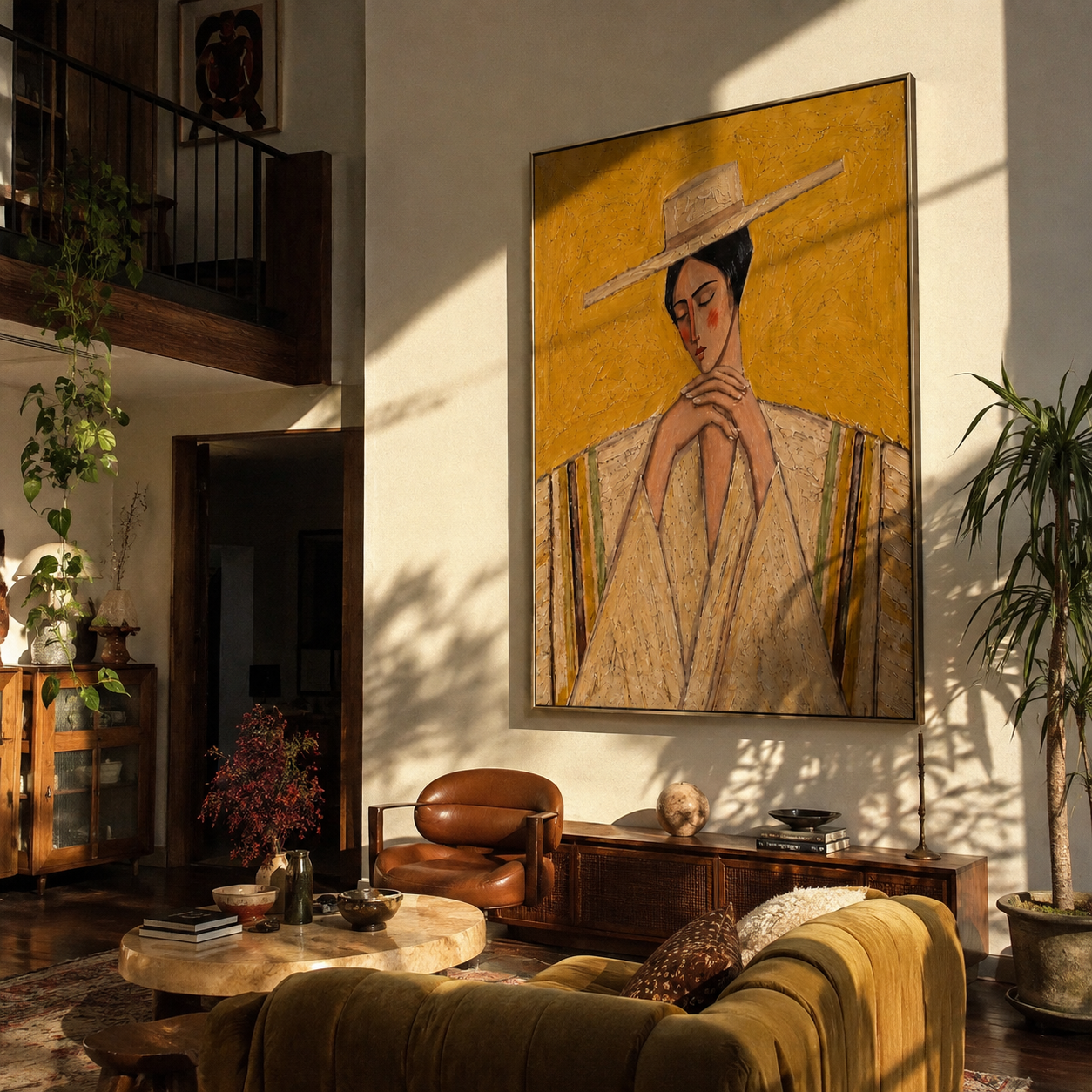 Straw Brim Folds Prayer - straw hat woman by Marcus Lau, Retro Modern vertical wall art – styled room scene view 1