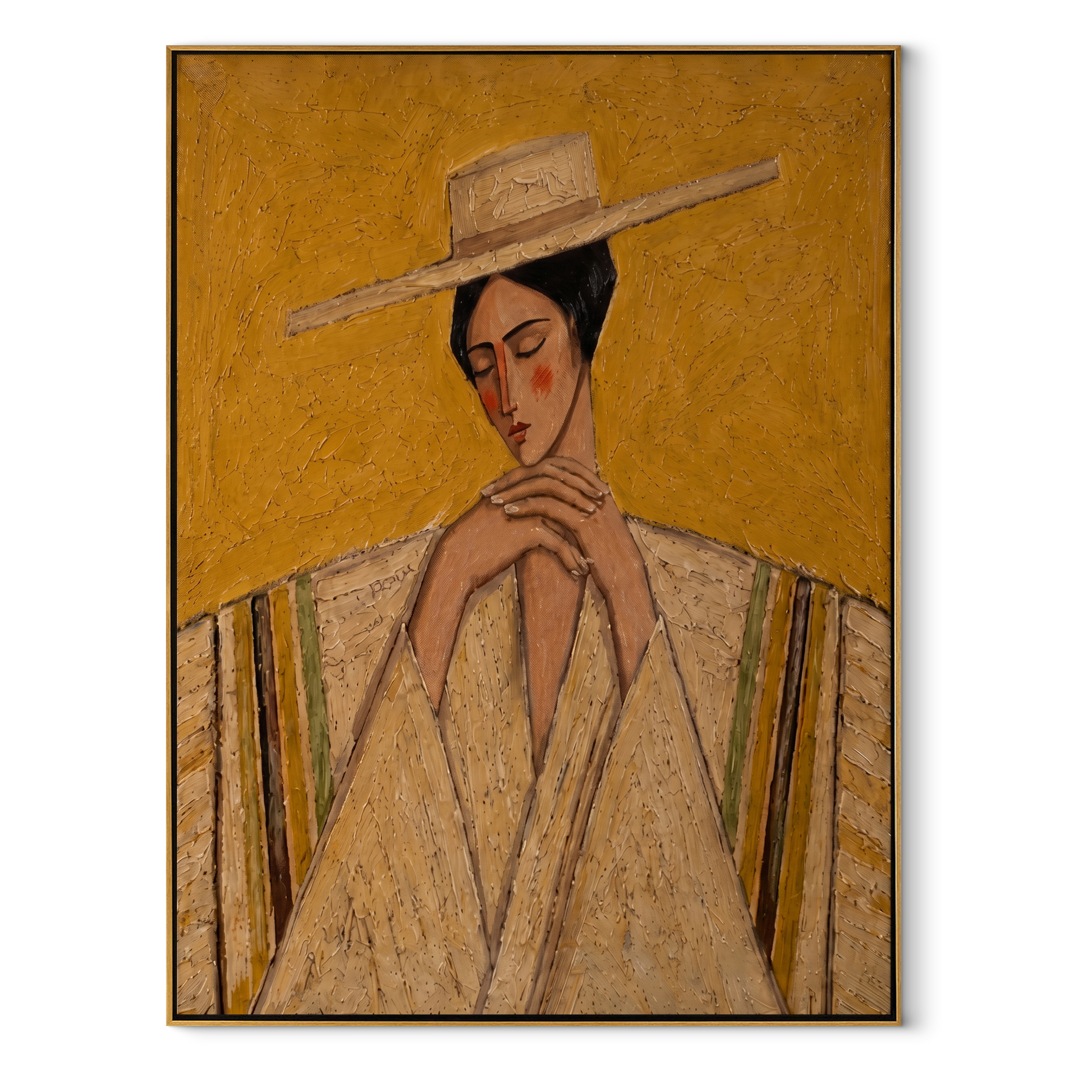 Straw Brim Folds Prayer - straw hat woman by Marcus Lau, Retro Modern vertical wall art – wood frame on white background