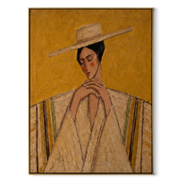 Straw Brim Folds Prayer - straw hat woman by Marcus Lau, Retro Modern vertical wall art – wood frame on white background