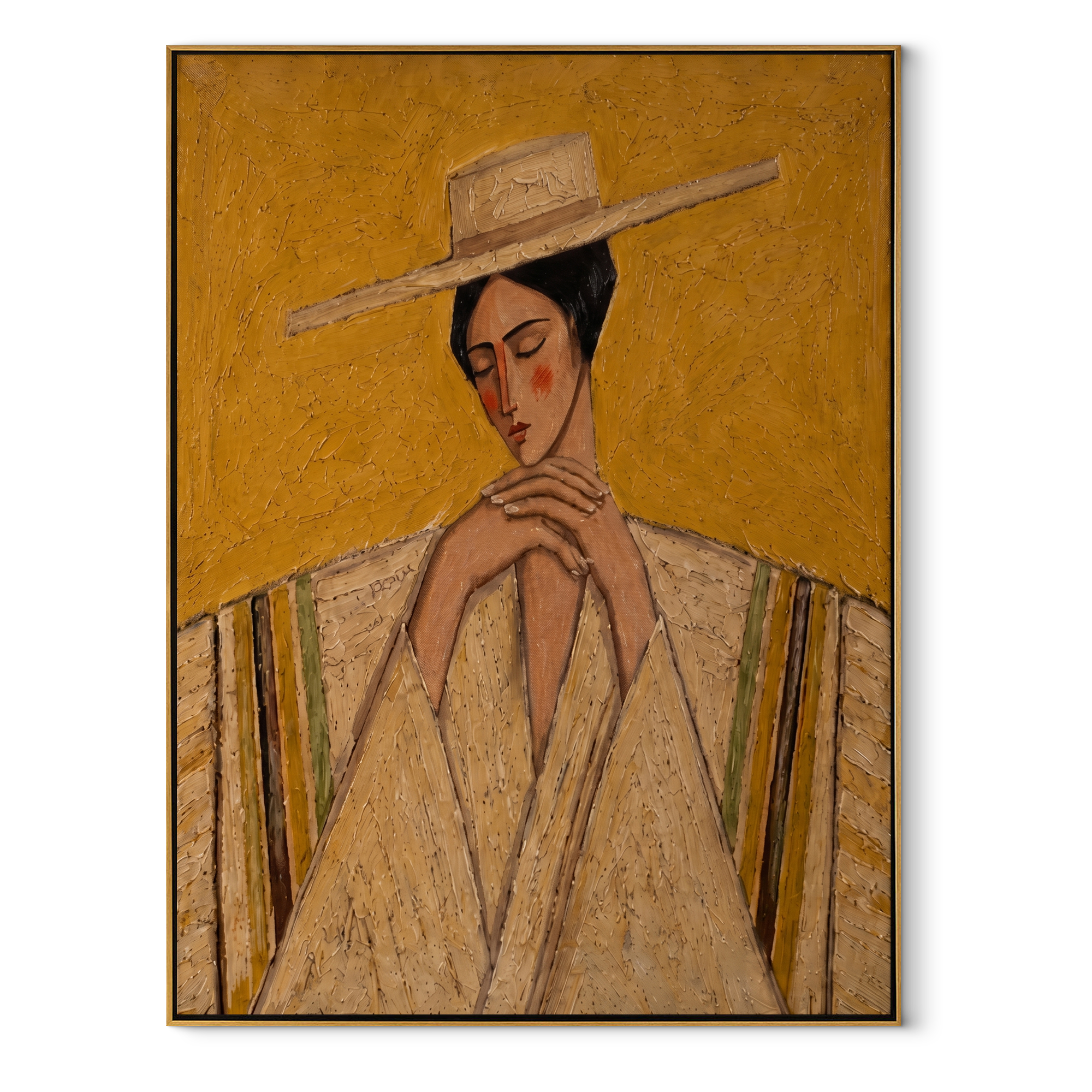 Straw Brim Folds Prayer - straw hat woman by Marcus Lau, Retro Modern vertical wall art – wood frame on white background