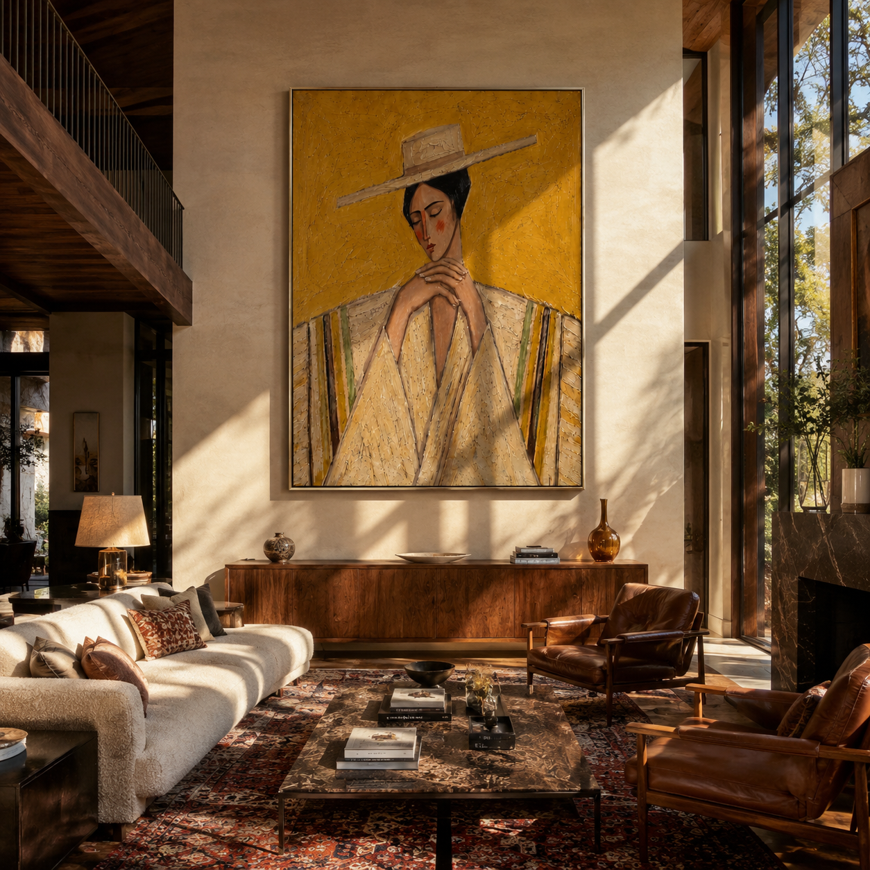Straw Brim Folds Prayer - straw hat woman by Marcus Lau, Retro Modern vertical wall art – styled room scene view 2