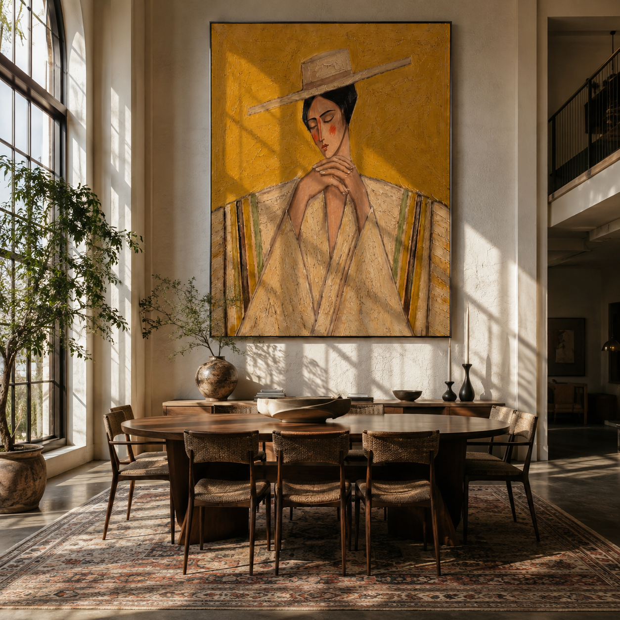 Straw Brim Folds Prayer - straw hat woman by Marcus Lau, Retro Modern vertical wall art – styled room scene view 3