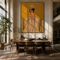 Straw Brim Folds Prayer - straw hat woman by Marcus Lau, Retro Modern vertical wall art – styled room scene view 3