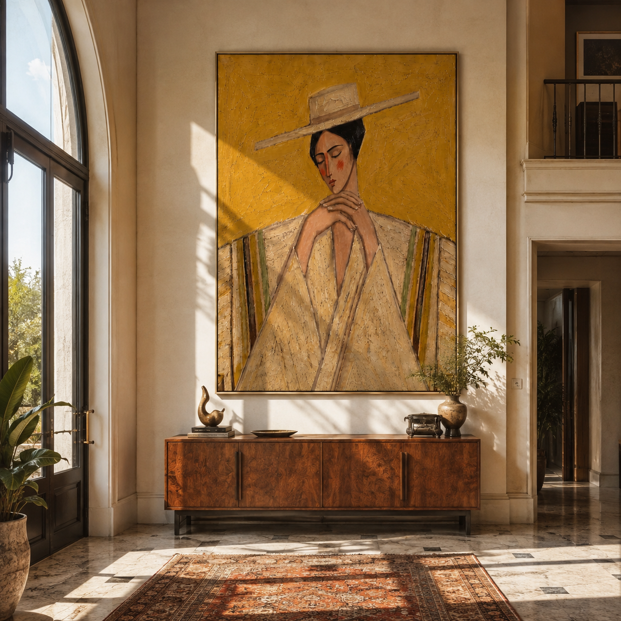 Straw Brim Folds Prayer - straw hat woman by Marcus Lau, Retro Modern vertical wall art – styled room scene view 4