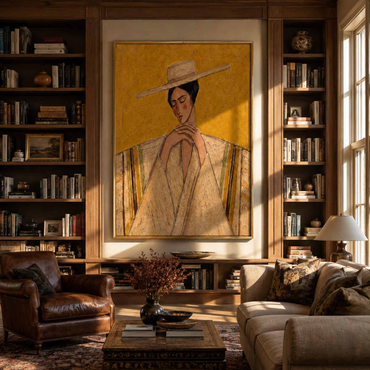 Straw Brim Folds Prayer - straw hat woman by Marcus Lau, Retro Modern vertical wall art – styled room scene view 5