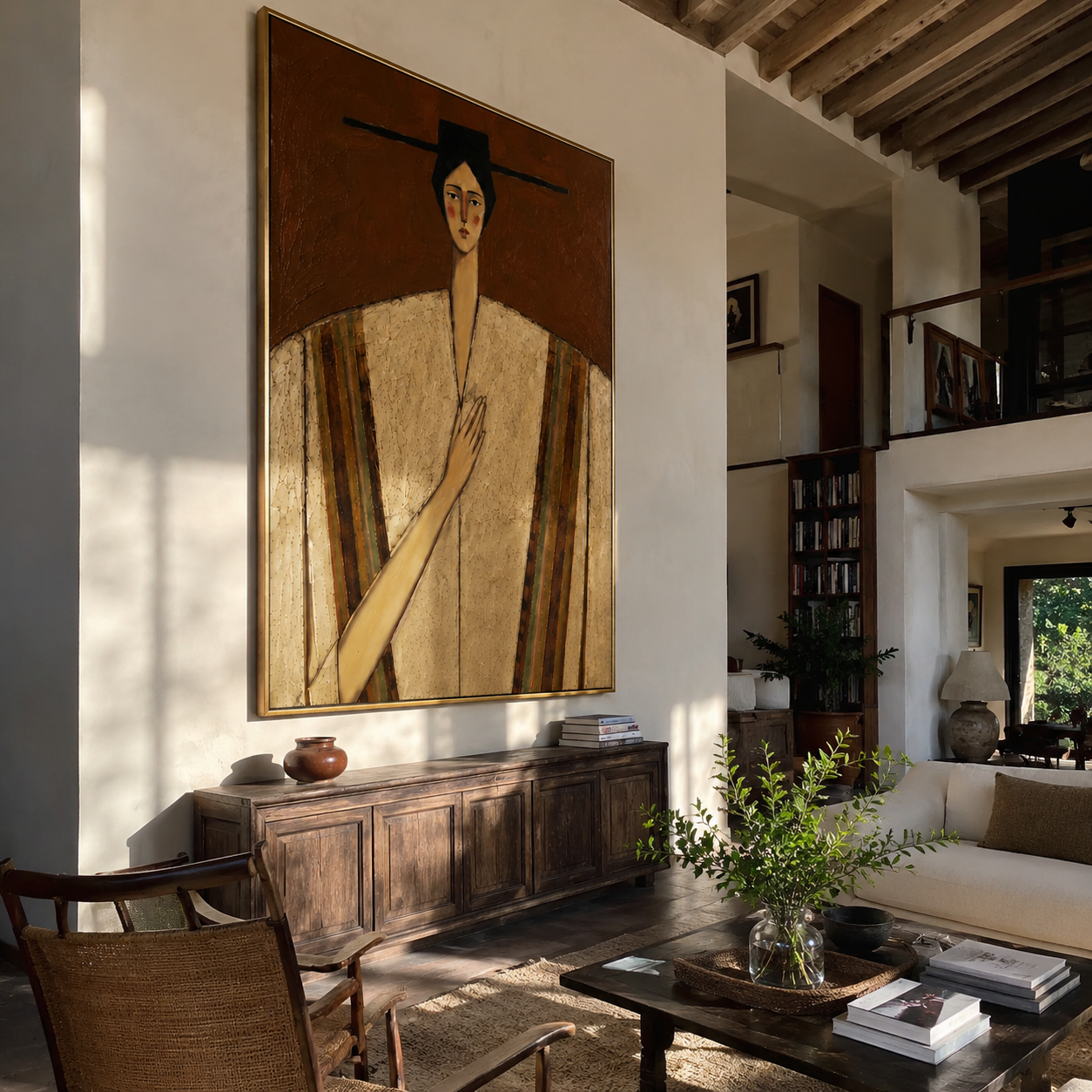 Striped Shoulders Guard Heart - striped robe woman by Marcus Lau, Retro Modern vertical wall art – styled room scene view 1