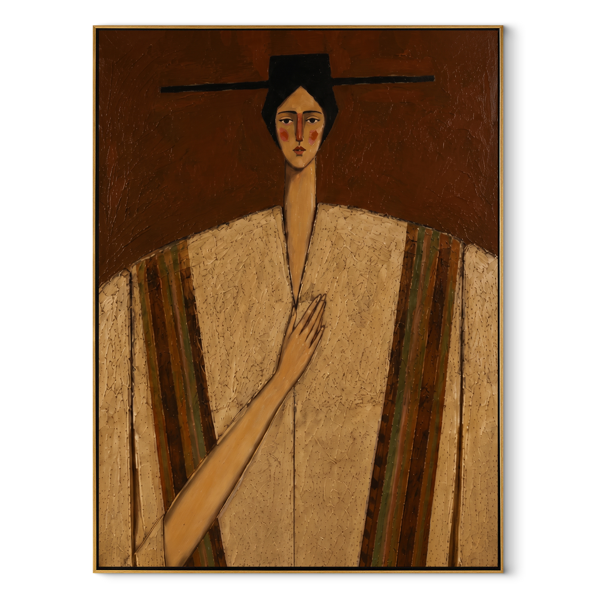 Striped Shoulders Guard Heart - striped robe woman by Marcus Lau, Retro Modern vertical wall art – wood frame on white background