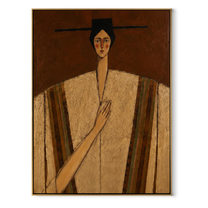 Striped Shoulders Guard Heart - striped robe woman by Marcus Lau, Retro Modern vertical wall art – wood frame on white background