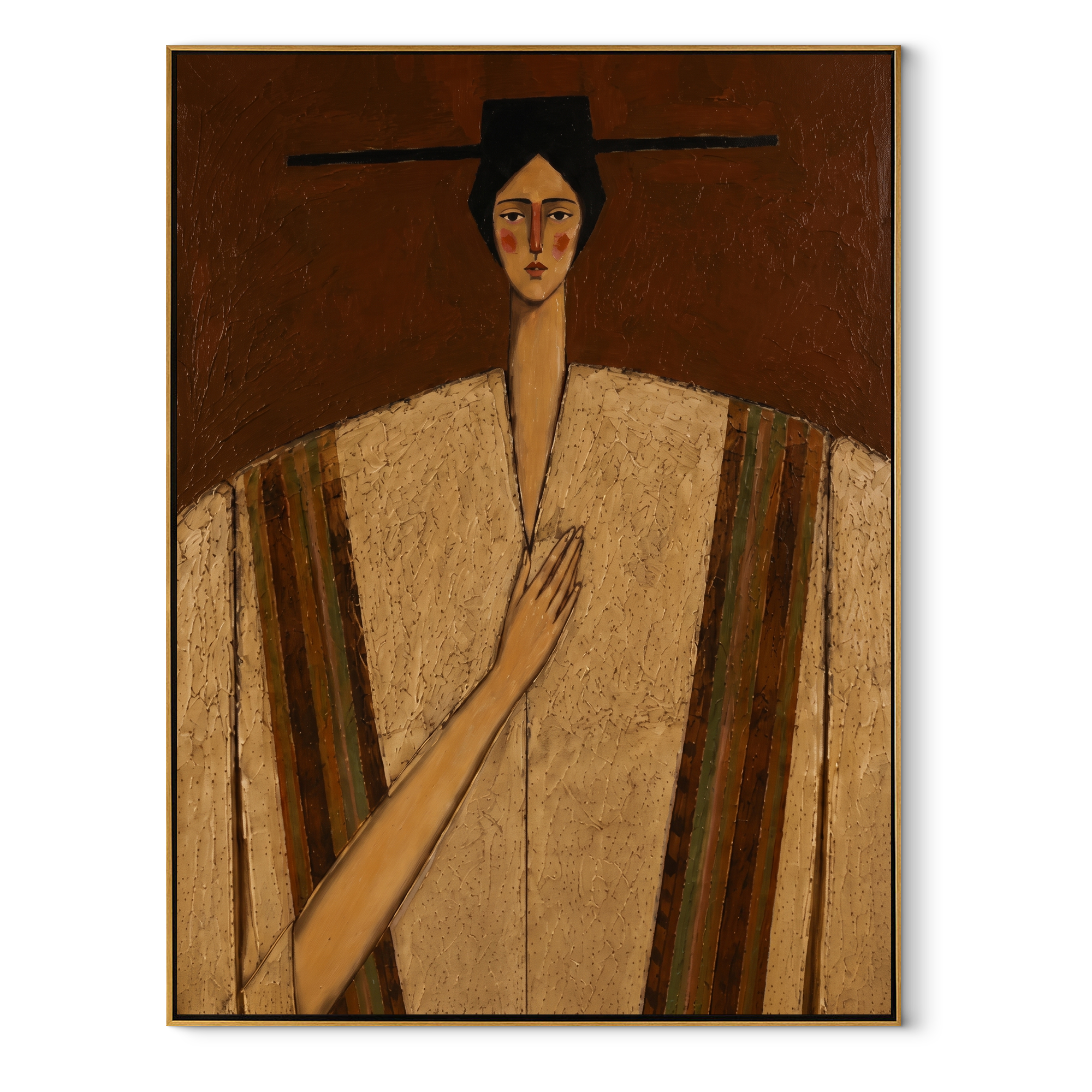 Striped Shoulders Guard Heart - striped robe woman by Marcus Lau, Retro Modern vertical wall art – wood frame on white background