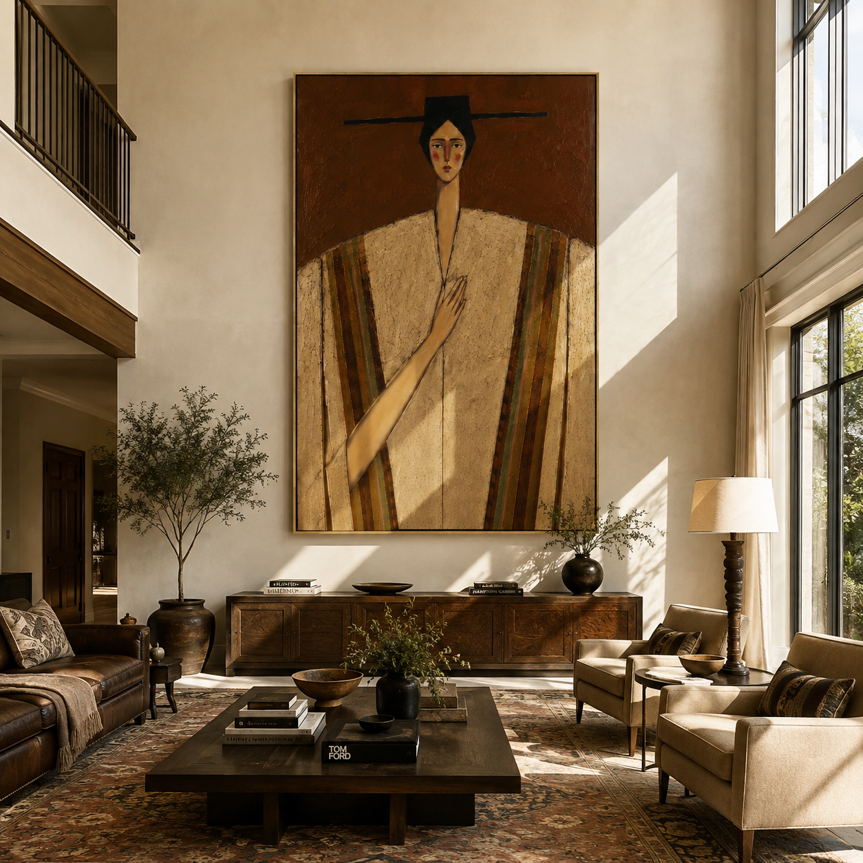 Striped Shoulders Guard Heart - striped robe woman by Marcus Lau, Retro Modern vertical wall art – styled room scene view 2