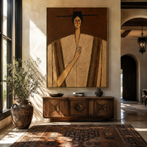 Striped Shoulders Guard Heart - striped robe woman by Marcus Lau, Retro Modern vertical wall art – styled room scene view 3
