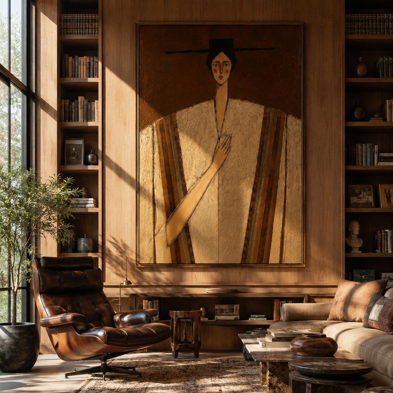 Striped Shoulders Guard Heart - striped robe woman by Marcus Lau, Retro Modern vertical wall art – styled room scene view 5
