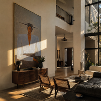 Blue Blouse Waits Grey - blue blouse seated woman by Marcus Lau, Retro Modern vertical wall art – styled room scene view 1