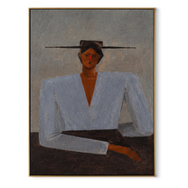 Blue Blouse Waits Grey - blue blouse seated woman by Marcus Lau, Retro Modern vertical wall art – wood frame on white background