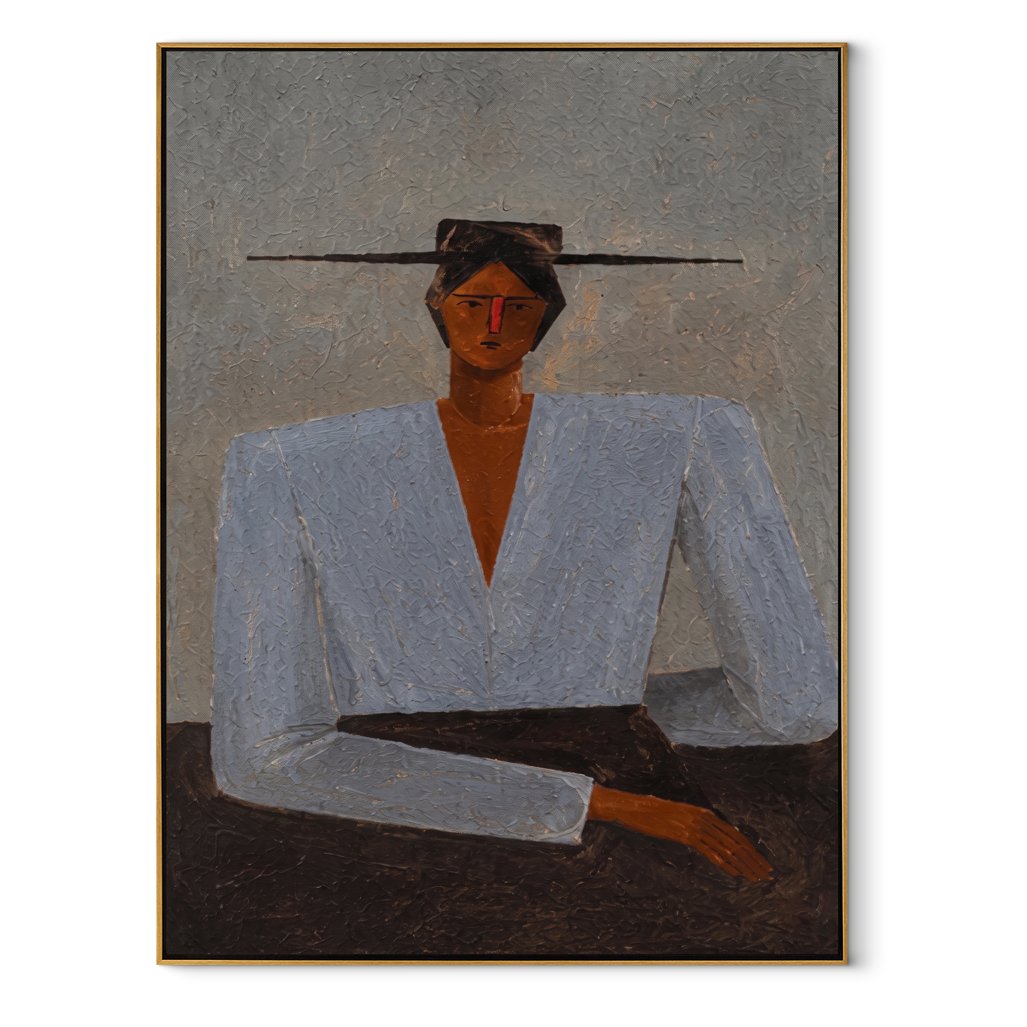 Blue Blouse Waits Grey - blue blouse seated woman by Marcus Lau, Retro Modern vertical wall art – wood frame on white background
