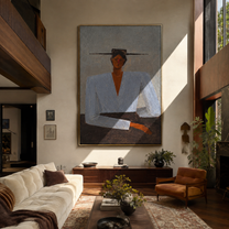 Blue Blouse Waits Grey - blue blouse seated woman by Marcus Lau, Retro Modern vertical wall art – styled room scene view 2