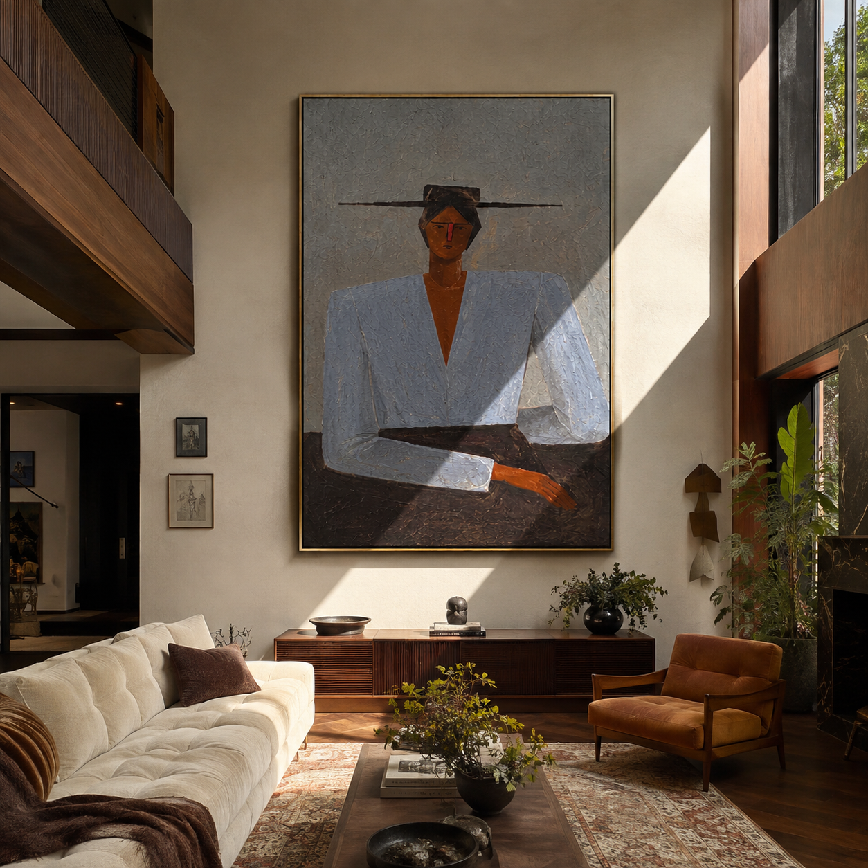 Blue Blouse Waits Grey - blue blouse seated woman by Marcus Lau, Retro Modern vertical wall art – styled room scene view 2
