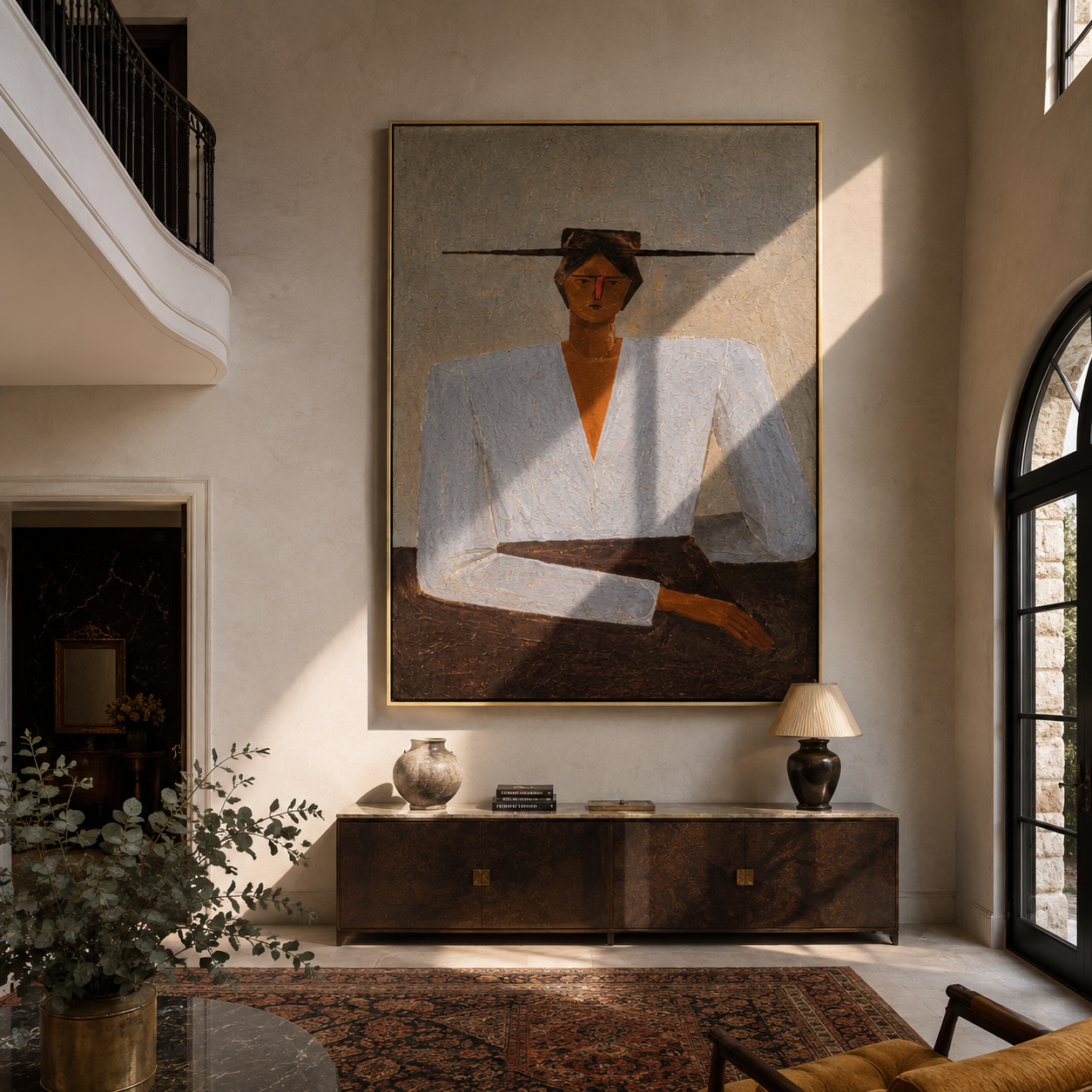 Blue Blouse Waits Grey - blue blouse seated woman by Marcus Lau, Retro Modern vertical wall art – styled room scene view 3