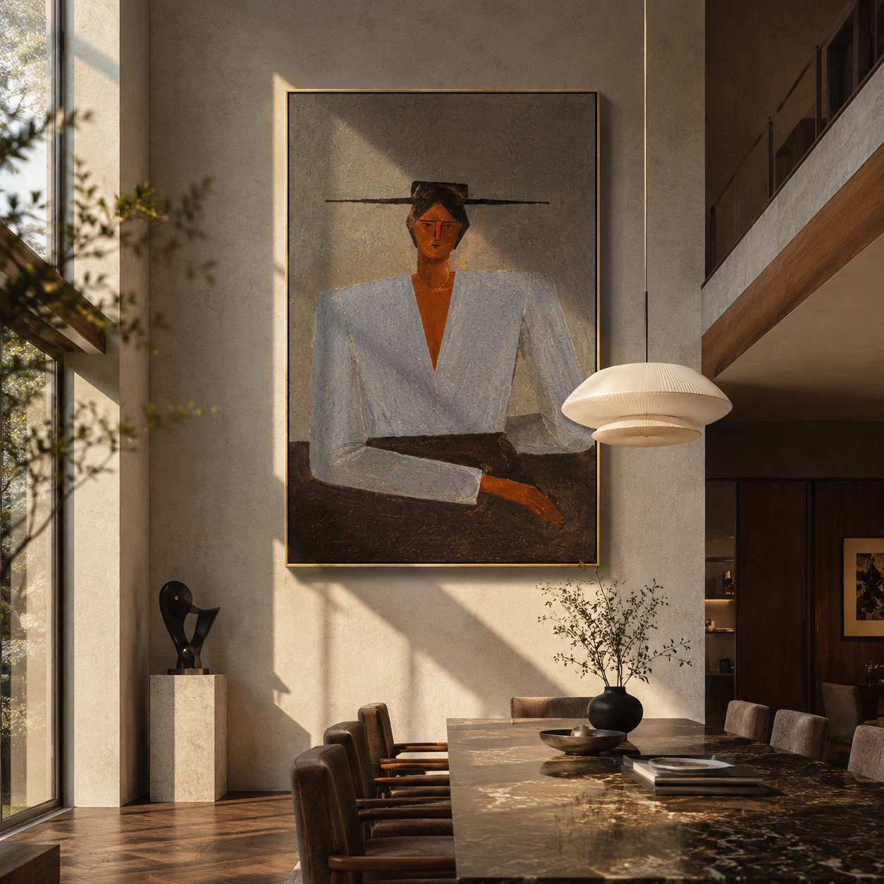 Blue Blouse Waits Grey - blue blouse seated woman by Marcus Lau, Retro Modern vertical wall art – styled room scene view 4