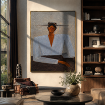 Blue Blouse Waits Grey - blue blouse seated woman by Marcus Lau, Retro Modern vertical wall art – styled room scene view 5