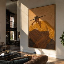 Ochre Sleeves Lean Back - reclining ochre woman by Marcus Lau, Retro Modern vertical wall art – styled room scene view 1