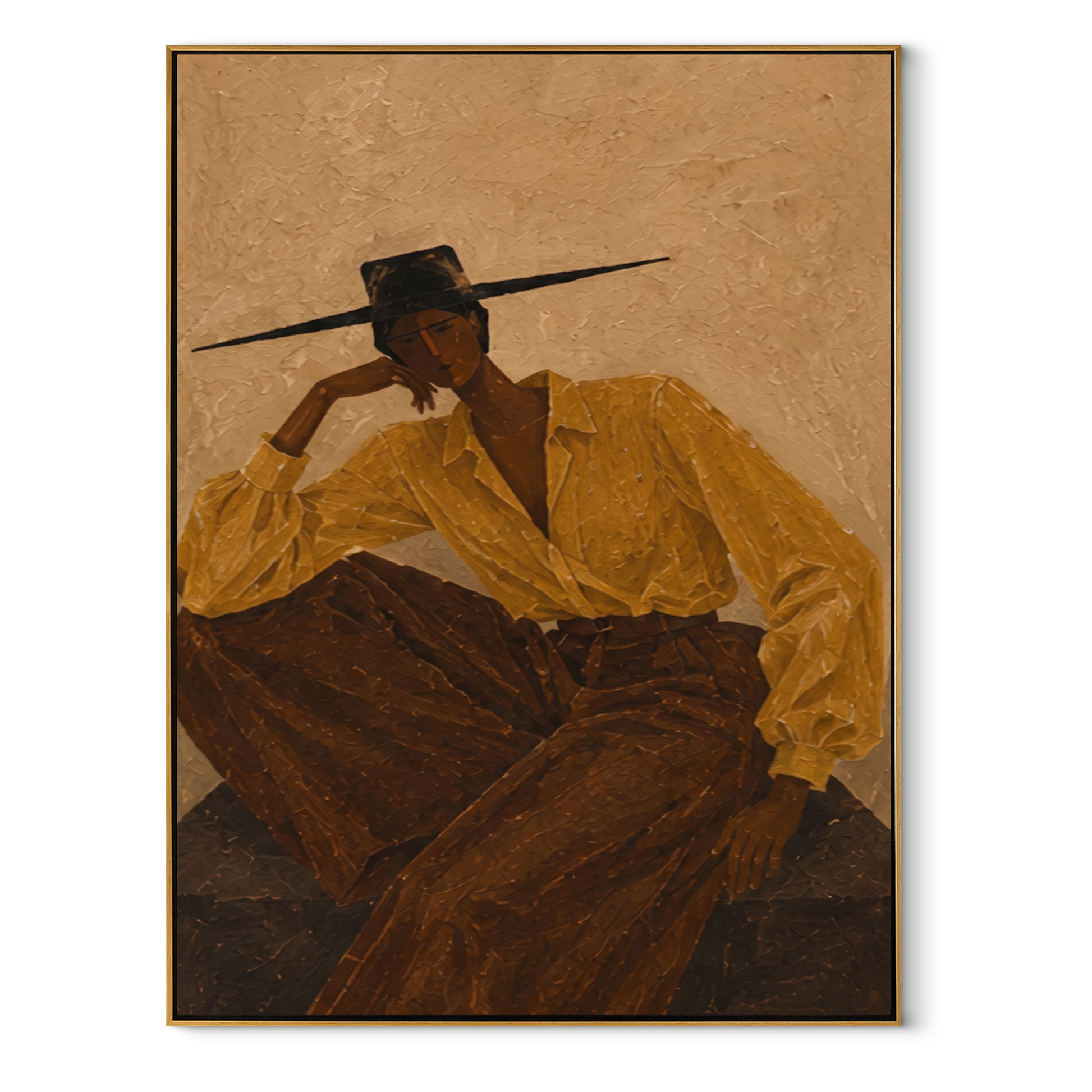 Ochre Sleeves Lean Back - reclining ochre woman by Marcus Lau, Retro Modern vertical wall art – wood frame on white background