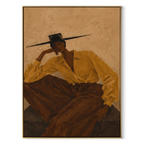 Ochre Sleeves Lean Back - reclining ochre woman by Marcus Lau, Retro Modern vertical wall art – wood frame on white background
