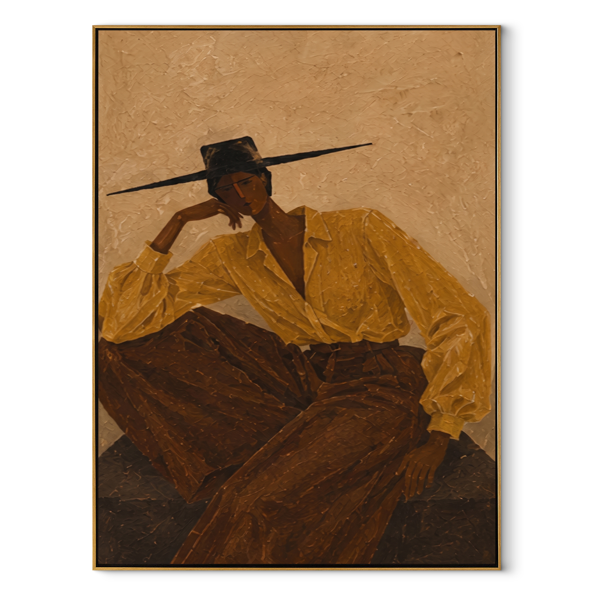 Ochre Sleeves Lean Back - reclining ochre woman by Marcus Lau, Retro Modern vertical wall art – wood frame on white background
