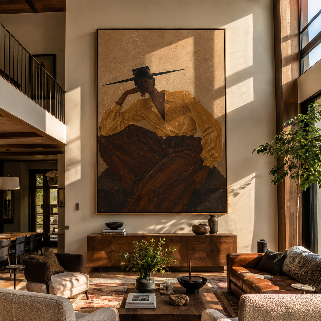 Ochre Sleeves Lean Back - reclining ochre woman by Marcus Lau, Retro Modern vertical wall art – styled room scene view 2