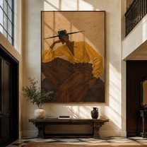 Ochre Sleeves Lean Back - reclining ochre woman by Marcus Lau, Retro Modern vertical wall art – styled room scene view 3