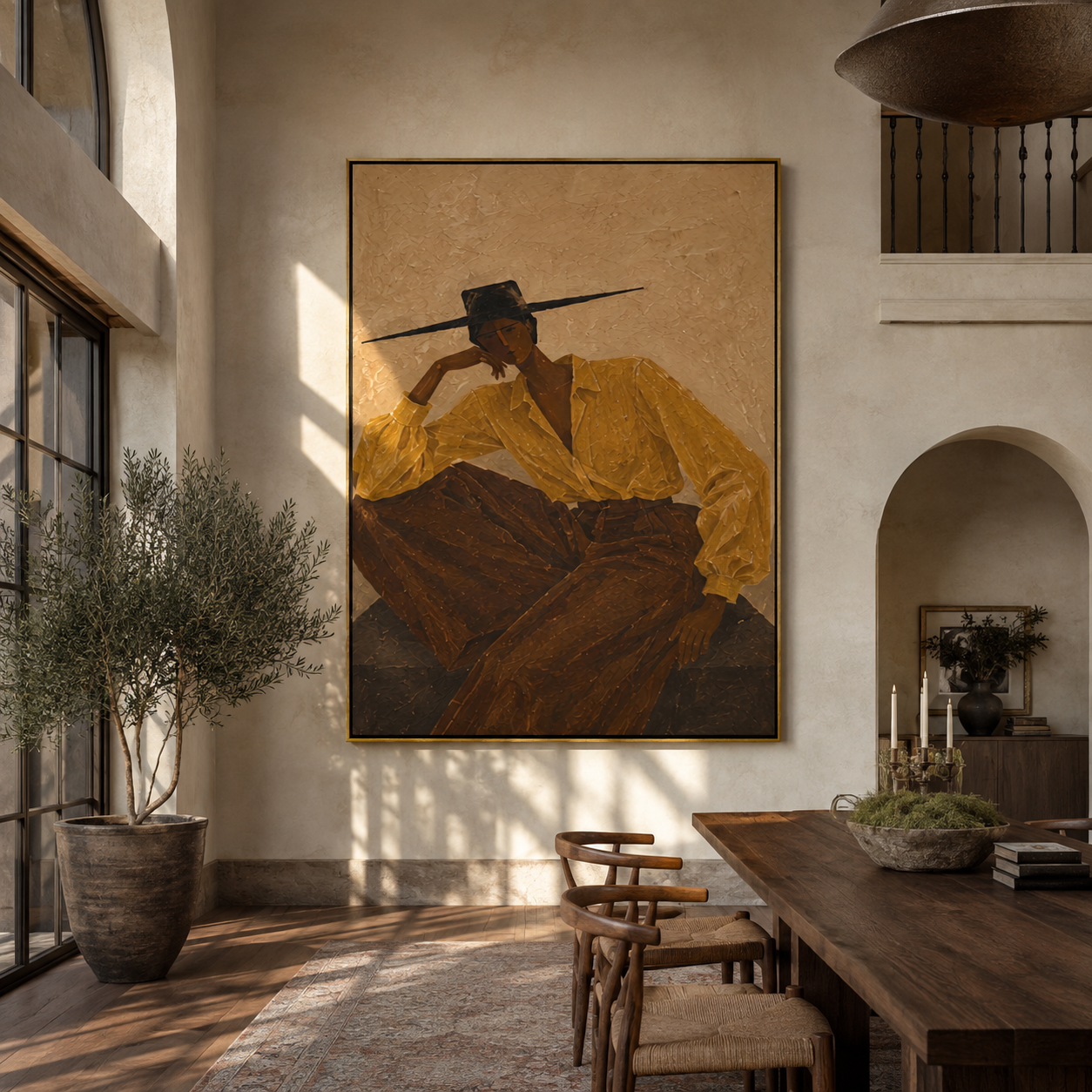 Ochre Sleeves Lean Back - reclining ochre woman by Marcus Lau, Retro Modern vertical wall art – styled room scene view 4