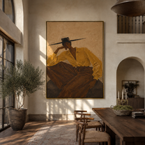 Ochre Sleeves Lean Back - reclining ochre woman by Marcus Lau, Retro Modern vertical wall art – styled room scene view 4