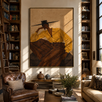 Ochre Sleeves Lean Back - reclining ochre woman by Marcus Lau, Retro Modern vertical wall art – styled room scene view 5