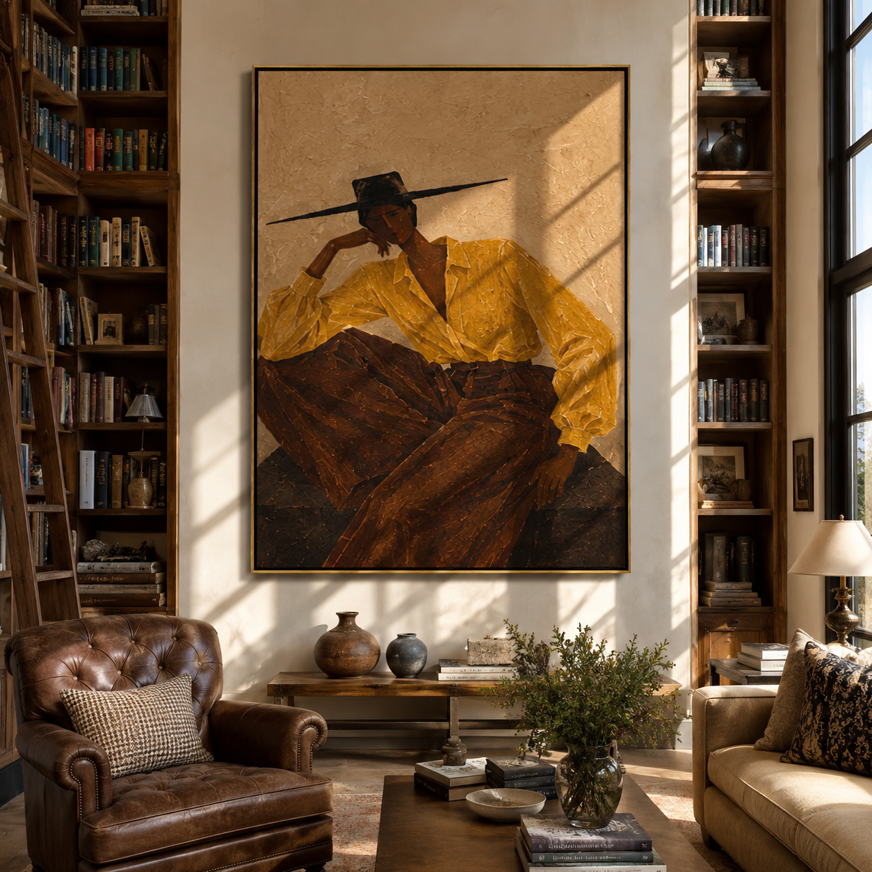 Ochre Sleeves Lean Back - reclining ochre woman by Marcus Lau, Retro Modern vertical wall art – styled room scene view 5