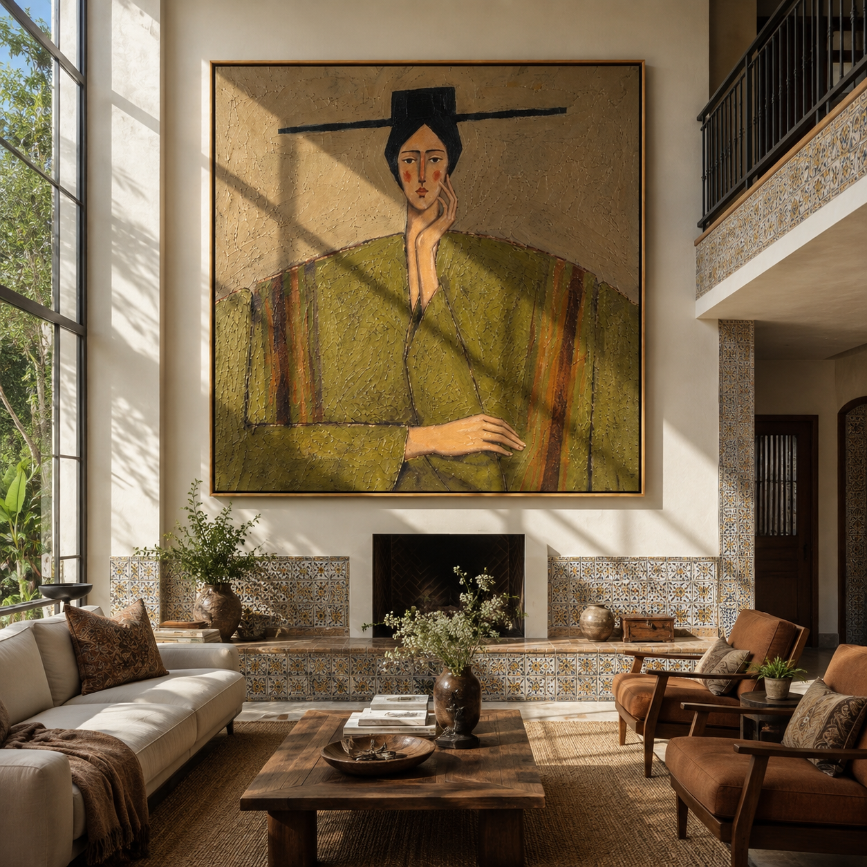 Green Robe Hears Silence - green robe woman by Marcus Lau, Retro Modern square wall art – styled room scene view 1