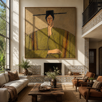 Green Robe Hears Silence - green robe woman by Marcus Lau, Retro Modern square wall art – styled room scene view 1