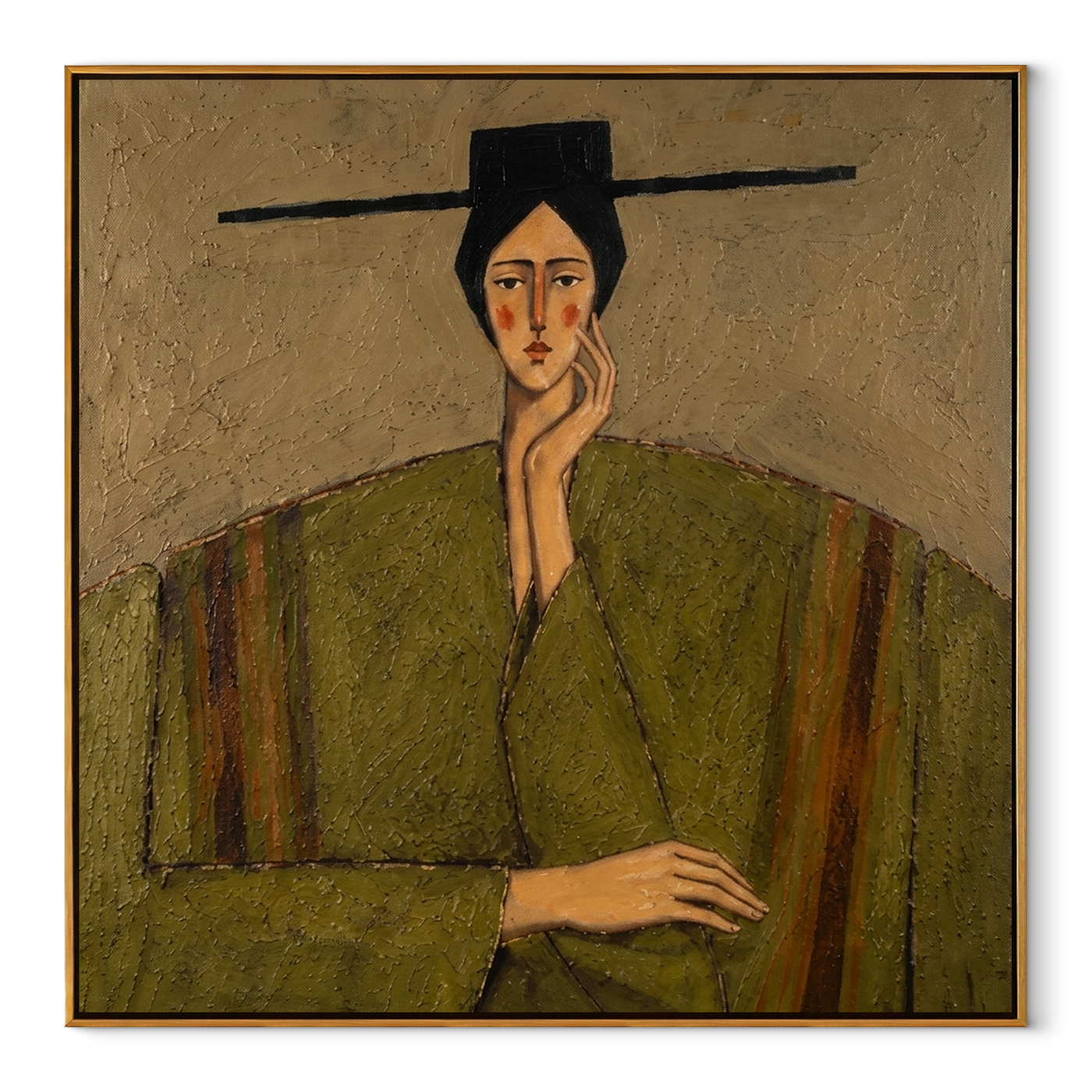 Green Robe Hears Silence - green robe woman by Marcus Lau, Retro Modern square wall art – wood frame on white background