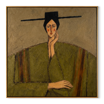 Green Robe Hears Silence - green robe woman by Marcus Lau, Retro Modern square wall art – wood frame on white background