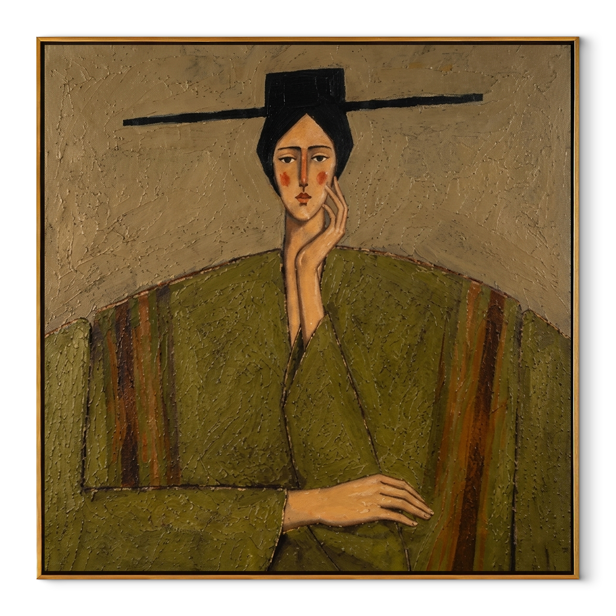 Green Robe Hears Silence - green robe woman by Marcus Lau, Retro Modern square wall art – wood frame on white background