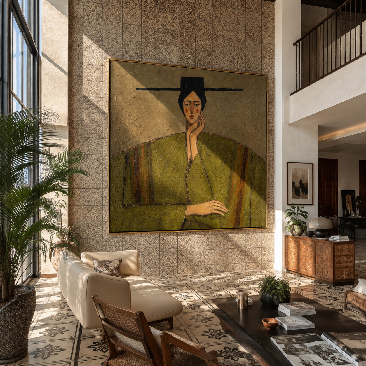 Green Robe Hears Silence - green robe woman by Marcus Lau, Retro Modern square wall art – styled room scene view 2