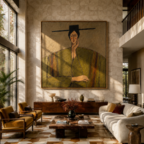 Green Robe Hears Silence - green robe woman by Marcus Lau, Retro Modern square wall art – styled room scene view 3