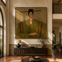 Green Robe Hears Silence - green robe woman by Marcus Lau, Retro Modern square wall art – styled room scene view 4