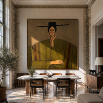 Green Robe Hears Silence - green robe woman by Marcus Lau, Retro Modern square wall art – styled room scene view 5